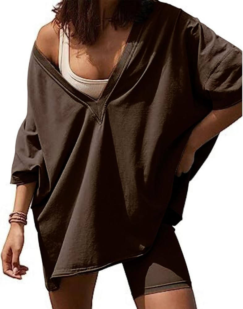 Womens 2 Piece Outfits Oversized Hot Shot Reversible set V Neck T Shirt Biker Shorts Workout Sets | Amazon (US)