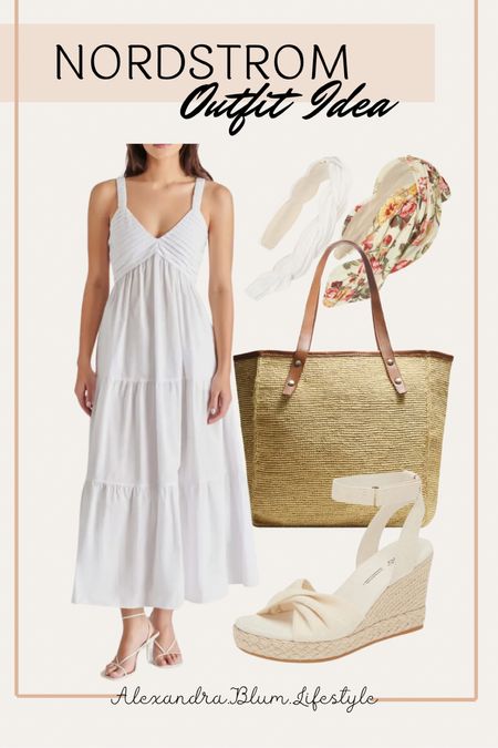 Nordstrom outfit idea!! White maxi dress that also comes in other colors! Perfect wedge heel sandals, straw large tote bag, and the cutest headbands! Perfect bridal dress! Brunch outfit! Vacation outfit! 

#LTKFindsUnder100 #LTKItBag #LTKWedding