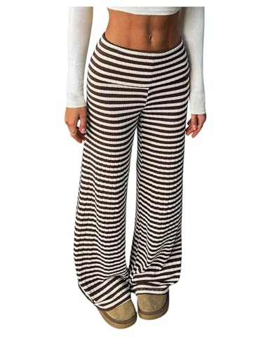 RoseSeek Women's Striped Foldover Pants Wide Leg Elastic High Waisted Pants | Amazon (US)