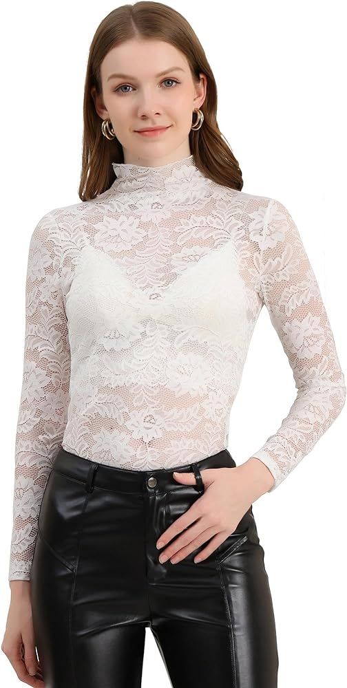 Allegra K Women's See Through Long Sleeve Turtleneck Sheer Floral Lace Blouse Top | Amazon (US)