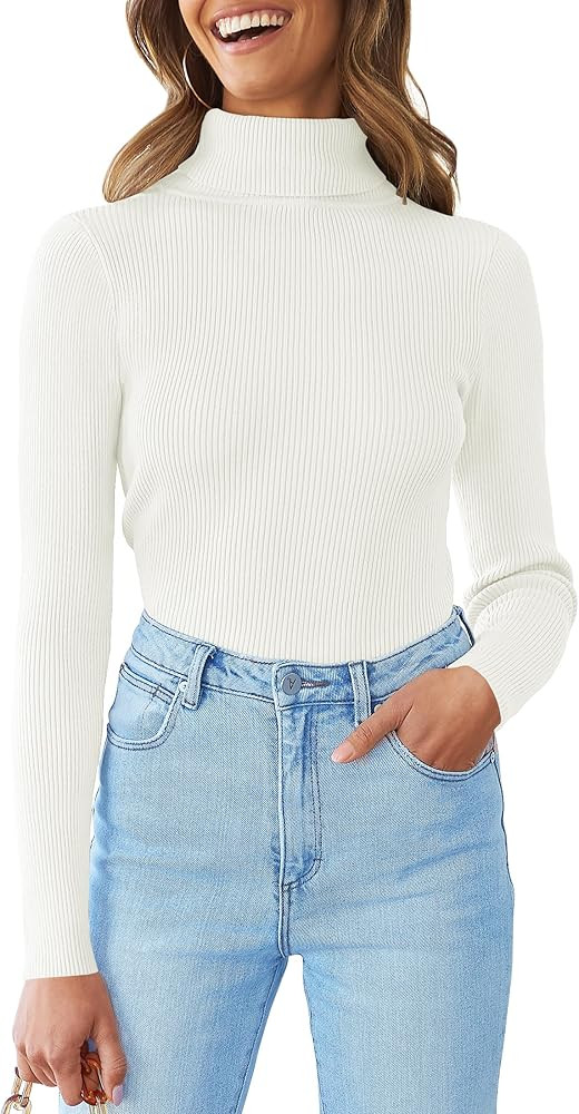 ZESICA Women's 2023 Turtleneck Long Sleeve Knit Shirts Fall Basic Tops Slim Fitted Ribbed Sweater | Amazon (US)