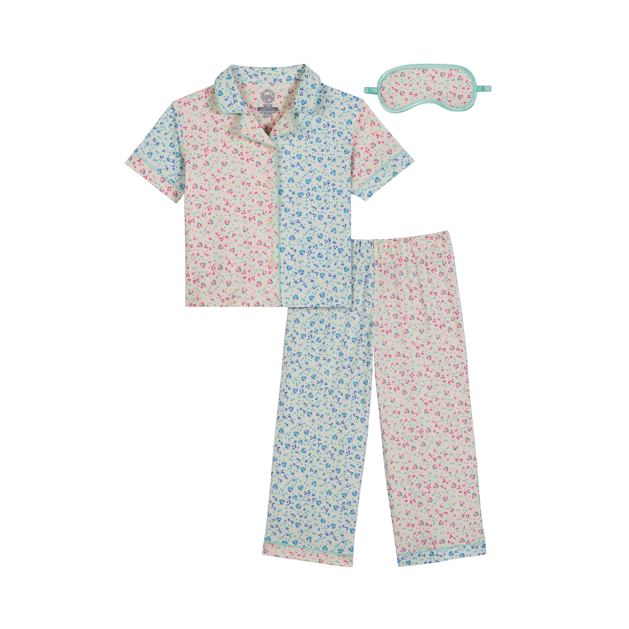 Wonder Nation Girls Short Sleeve Button Front Pajama Top and Pants Set with Eyemask, 3-Piece, Siz... | Walmart (US)