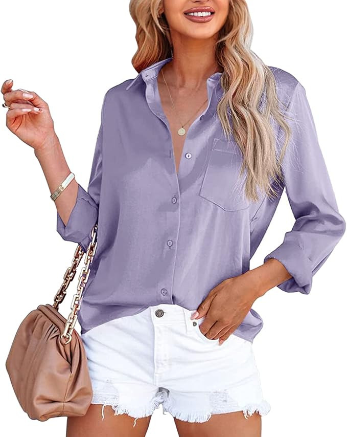 Foshow Women's Button Down Satin V Neck Shirts Silky Long Sleeve Office Work Blouse Business Plai... | Amazon (US)