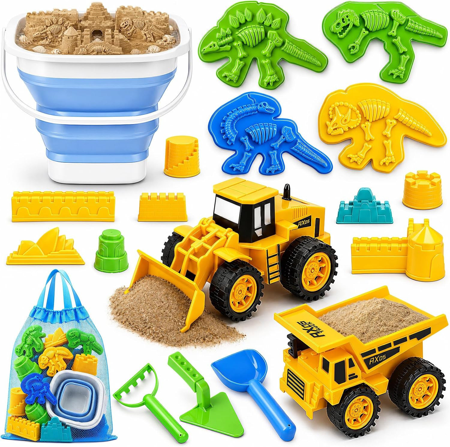 TOY Life 22-Pc Dinosaur Beach Sand Set, 2 Construction Cars, Ages 3-8 | Amazon (US)