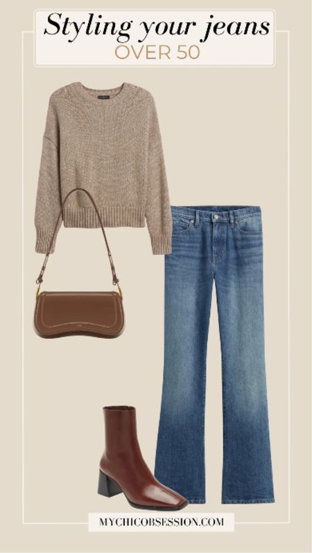 These blue boot-cut jeans are inspired by the late 1970s, blending traditional and modern designs. On top, this simple wool-cotton sweater keeps things casual while also elevating the look. Accessorize with brown boots and a leather shoulder bag.

#LTKover40 #LTKSeasonal #LTKstyletip