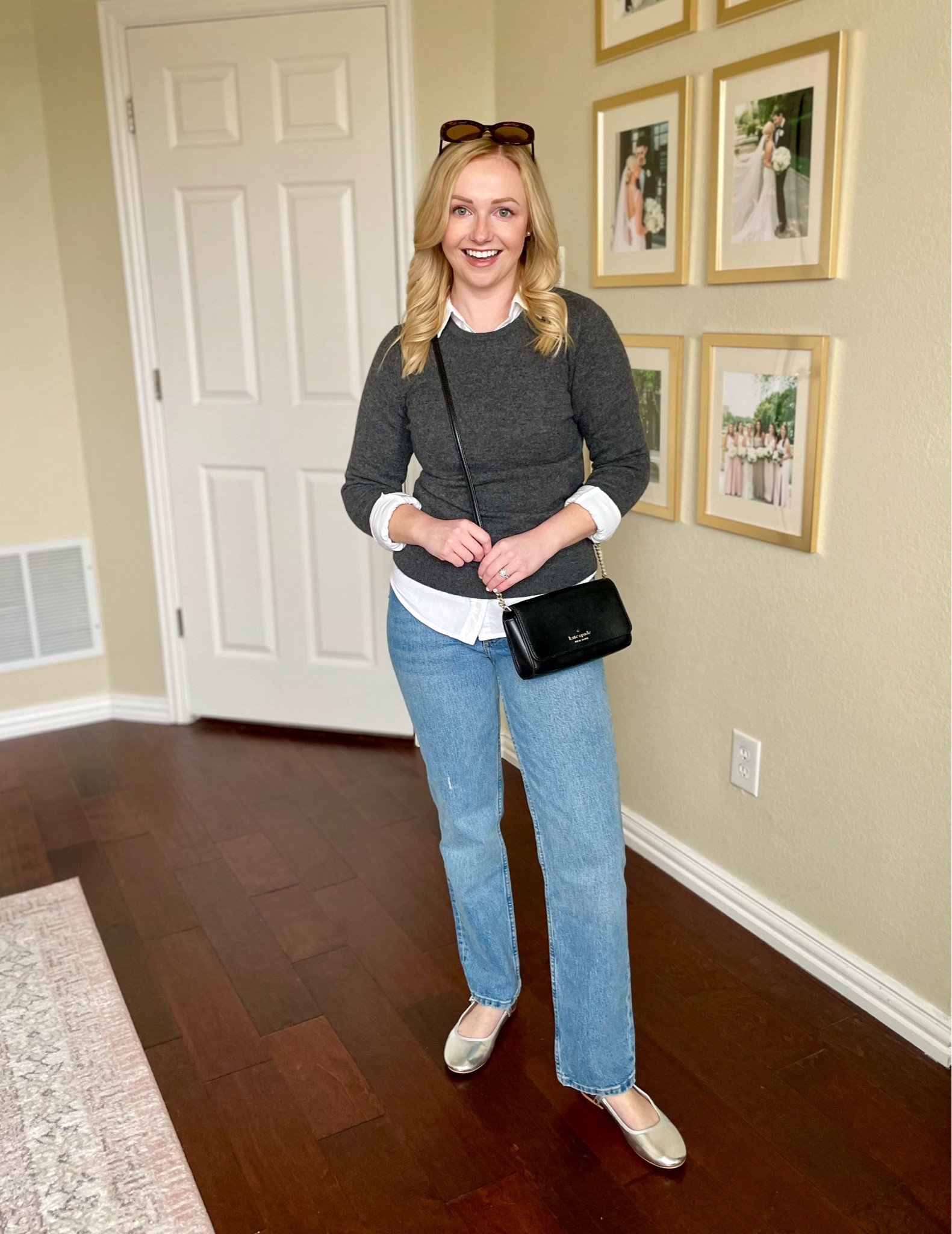 Wearing a 26S in jeans, XS in button up and sweater and 6.5 in shoes. Recommend sizing up .5 size in shoes! | casual winter outfit, winter outfit, Mary janes, Mary janes outfit, silver shoes, silver shoes outfit 

#LTKSeasonal #LTKstyletip #LTKfindsunder100