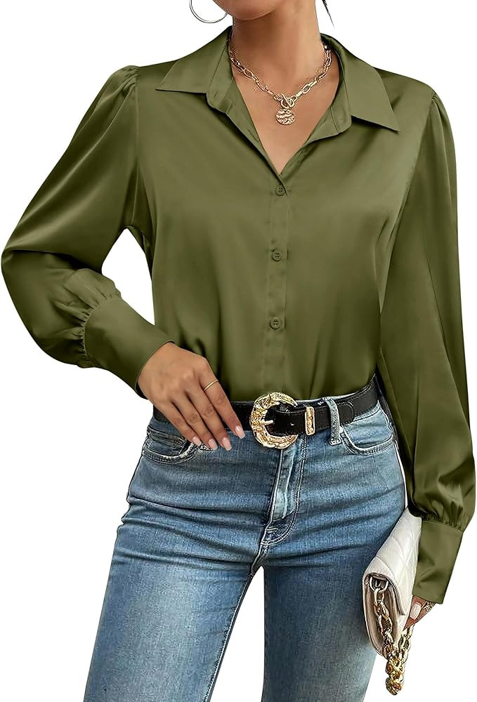 Zeagoo Womens Satin Blouse Lantern Long Sleeve Silk Button Down Shirt Dressy Casual Business Work... | Amazon (US)