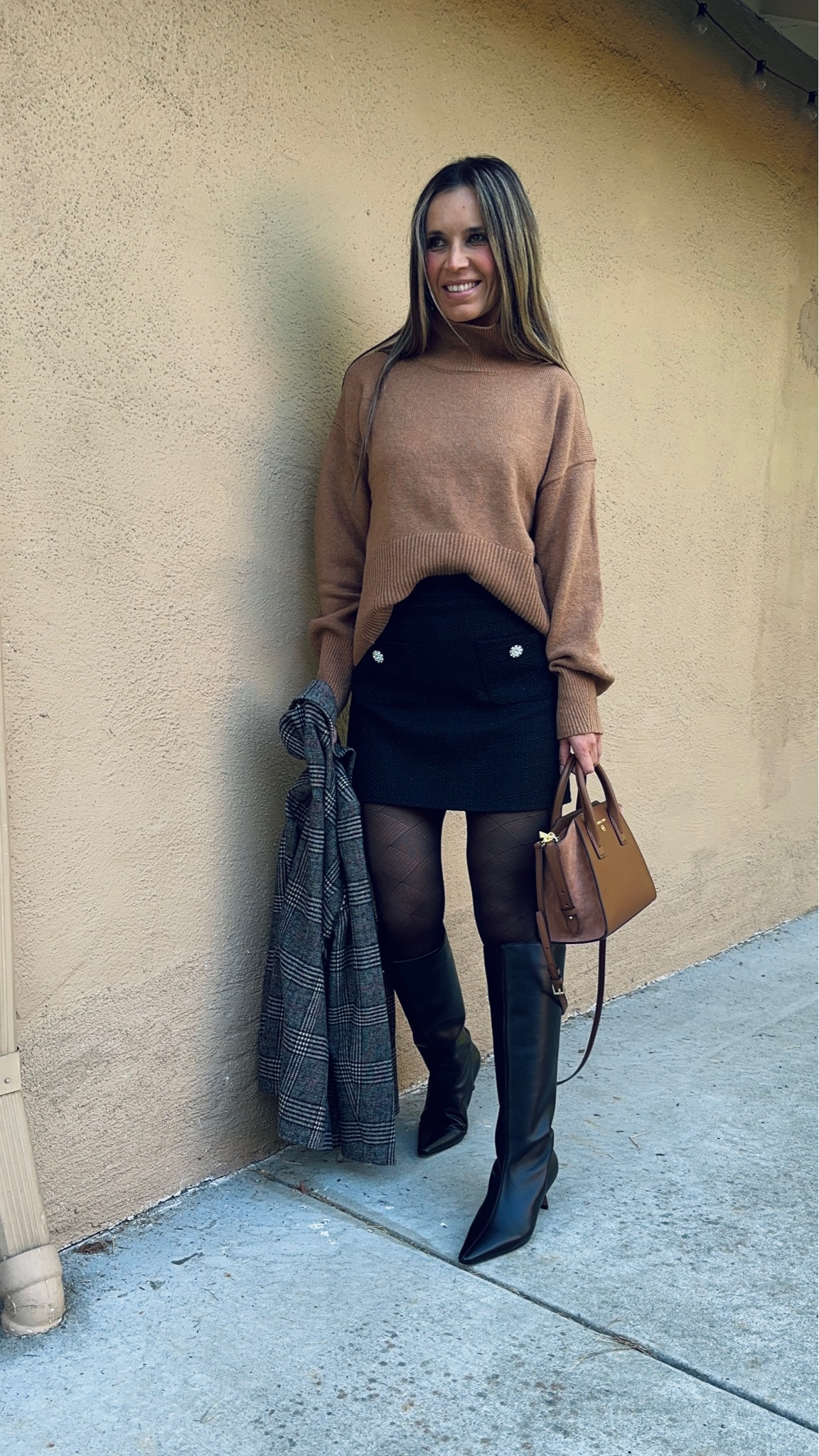 Hurry 30% off  Camel sweater / it is true to size / wearing sz small
Black tall boots are true to size
Plaid blazer is true to size 
Brown bag is leather and so good

Holiday outfit 

#LTKCyberWeek #LTKHoliday #LTKGiftGuide