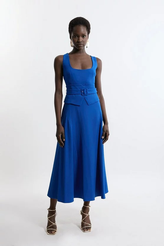 Structured Crepe Tailored Full Skirted Panel Belted Midi Dress | Karen Millen UK + IE + DE + NL