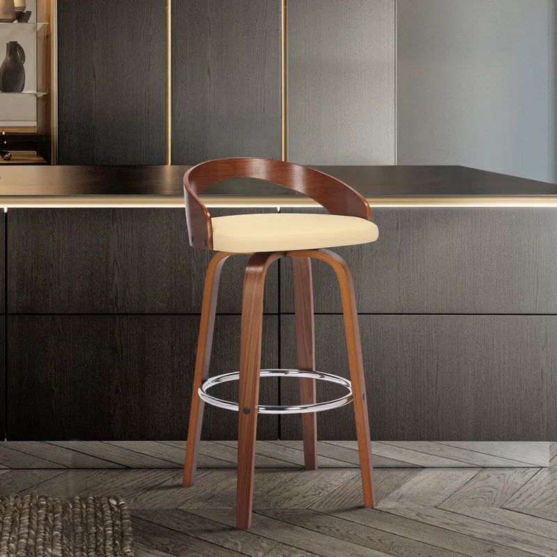 Maxime Swivel Counter or Bar Height Bar Stool with Open Low Back in Faux Leather and Wood | Wayfair North America