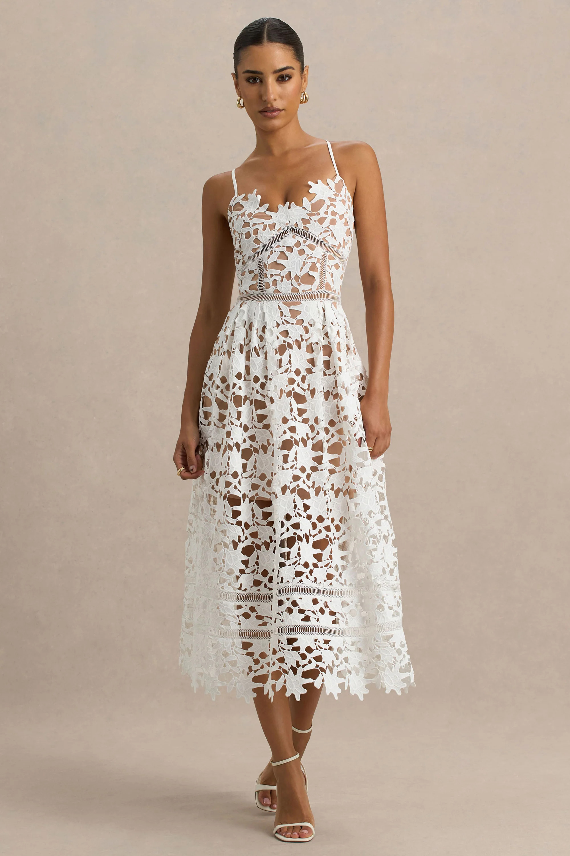 Zuri | White Lace Sweetheart Midi Dress With Cami Straps | Club L London