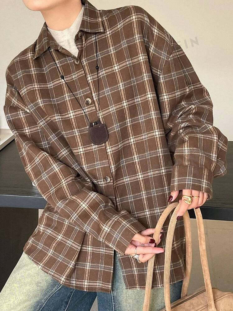 DAZY Retro Plaid Drop Shoulder Loose Women Blouse | SHEIN