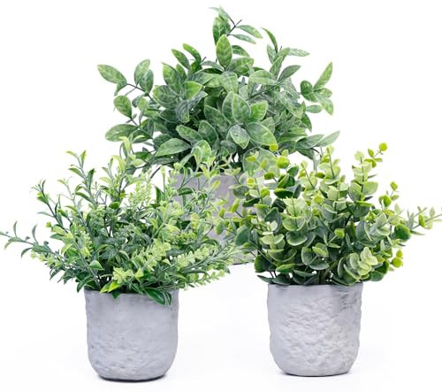 FGSAEOR Mini Potted Fake Plants, Small Artificial Greenery Realistic Plants Topiaries, Low Maintenance, for Home Office Shelf Desk Farmhouse Room Coffee Table Decor (3-Pack) (Grey (Round Pot)) | Amazon (US)