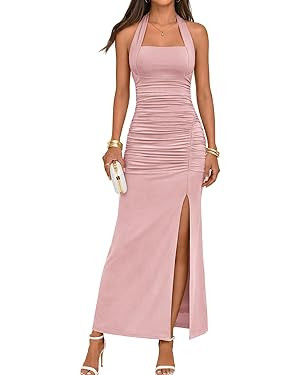 MEROKEETY Women's Wedding Guest Dress Summer Sleeveless Halter Backless Slit Ruched Beach Cocktai... | Amazon (US)
