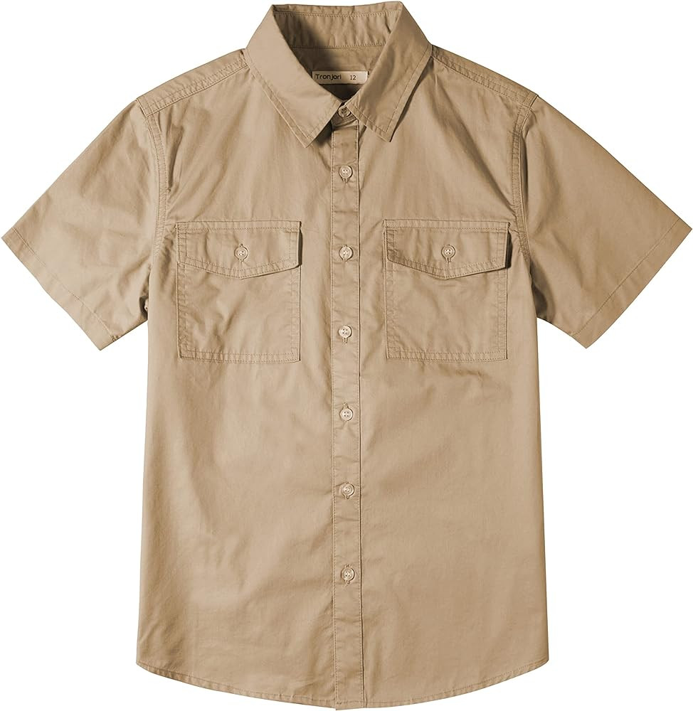 Tronjori Boys Short Sleeve Button Down Casual Woven Shirt Two Pockets | Amazon (US)