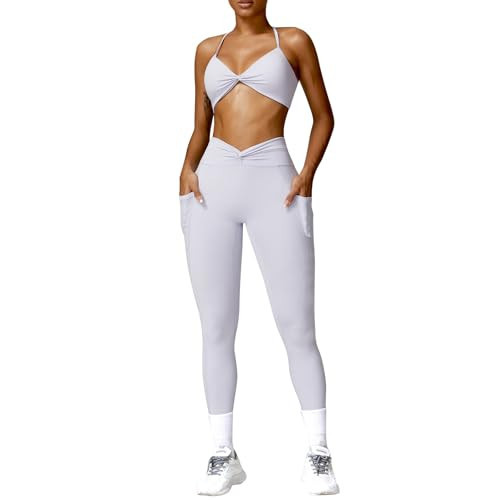 ABOCIW Workout Sets for Women 2 Piece Outfits Twist Waist High Waist Leggings with Pockets Halter Twist Front Sports Bra Gym Sets Twist Light Purple Medium | Amazon (US)