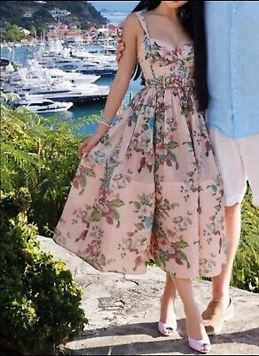 NEW Zimmermann Matchmaker Pink Floral Silk Linen Tie Midi Dress AU2 M  | eBay | eBay US