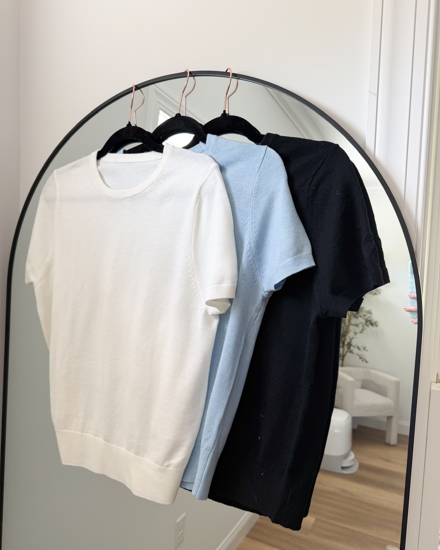 The Amazon silk cashmere short sleeve top that belongs in every closet — and it comes in white, blue, and black 🤍🩵🖤✨ Lightweight, buttery soft, and so elevated looking — styled here in black with cream wide leg linen trousers, a black and gold belt, and blush pointed toe heels for the most polished effortless look. Stock up on all three colors because these are the tops you will reach for on repeat.

#LTKootd #LTKWorkwear #LTKSeasonal
