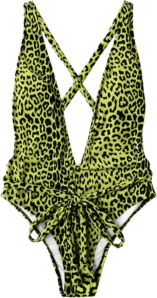 SweatyRocks Women's Sexy Bathing Suits Criss Cross Tie Knot Front Deep V Open Back Leopard One Pi... | Amazon (US)