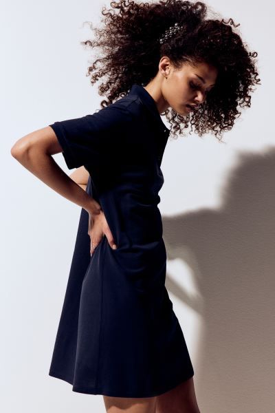 Cotton Piqué Dress with Collar - Dark blue - Ladies | H&M US | H&M (US + CA)