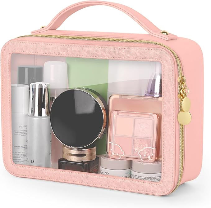Clear Makeup Bag, Portable Travel Cosmetic Bags, Multipurpose Leather Toiletry Bag with Zipper, W... | Amazon (US)