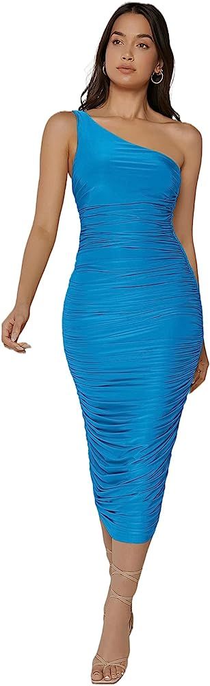 SheIn Women's Ruched One Shoulder Backless Bodycon Dress Sleeveless Midi Dresses | Amazon (US)
