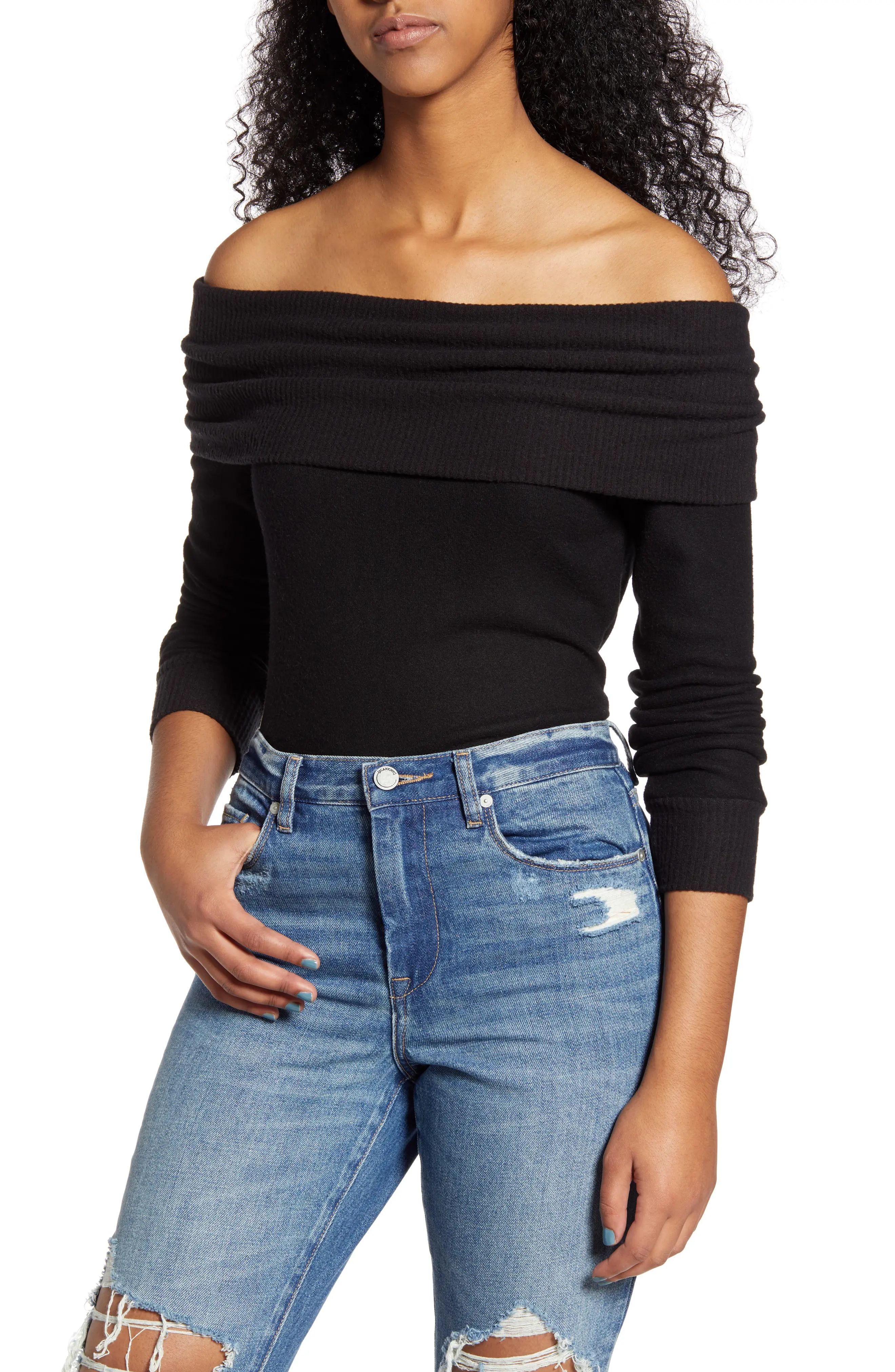 Women's Project Social T Juniper Off The Shoulder Brushed Hacci Long Sleeve Top, Size X-Small - Blac | Nordstrom