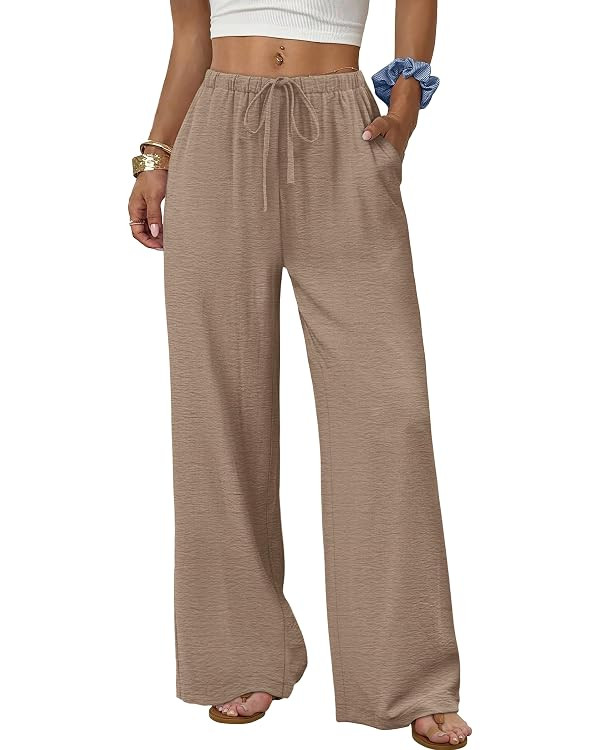 Sampeel Wide Leg Pants for Women Flowy Palazzo Drawstring Elastic Waist Trousers with Pockets Sum... | Amazon (US)