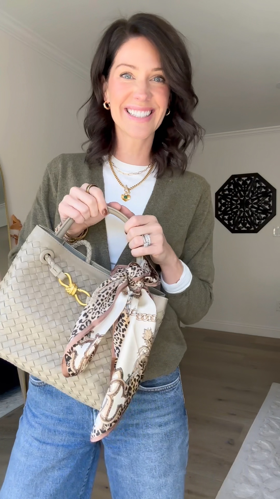 Sale alert 🚨 
I finally found a fall layering tank I love that’s double lined and holds you in - size up. 13 color options. Also comes in a lower scoop neck. On sale today for prime  
Cardigan is older but found similar ones. 
Bag and silk scarf are both on prime day. Lots of colors. 
These wide leg jeans are low rise but I also tagged the high rise version - sizing runs a bit large  
Shoes are tts. 

#LTKItBag #LTKxPrimeDay #LTKVideo