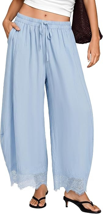 Lace Pants for Women Summer Casual Cropped Drawstring Waist Balloon Pants Lightweight Wide Leg Be... | Amazon (US)