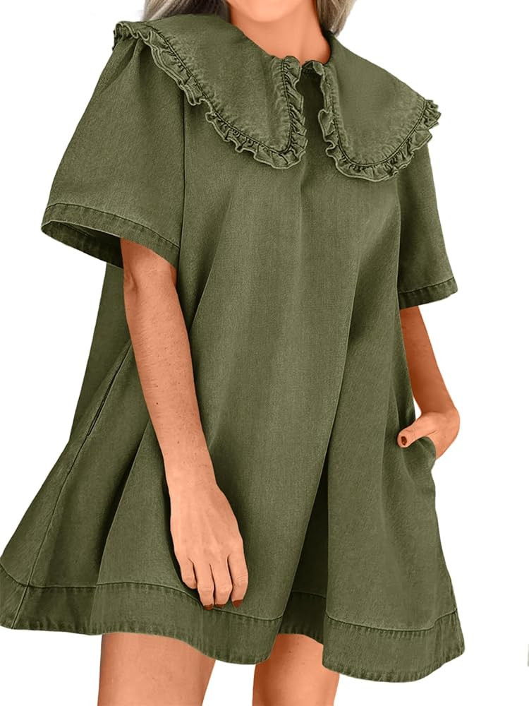 Wenrine Womens Summer Denim Mini Dress Oversized Peter Pan Collar Short Sleeve Casual Flowy Babyd... | Amazon (US)