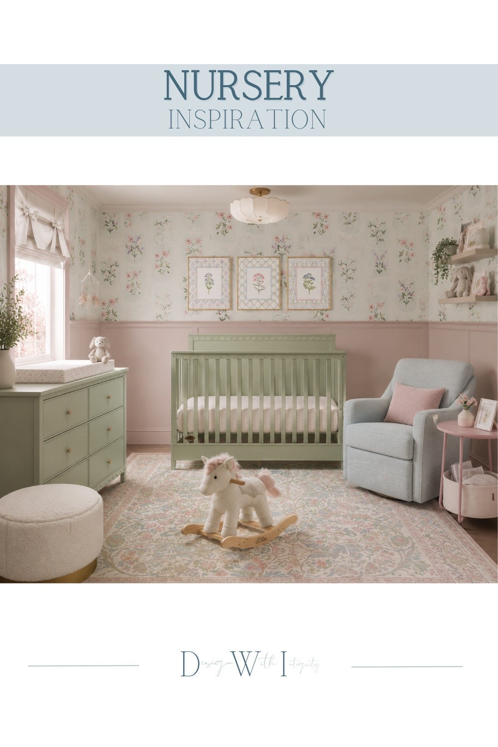 There is something timeless about a nursery that feels soft, layered, and designed to grow alongside your little one. This space blends muted sage green, blush pink, warm ivory, and delicate botanical florals to create a room that feels equal parts peaceful and playful. The painted crib and coordinating dresser establish a classic foundation, while the floral wallpaper, vintage inspired rug, cozy glider, whimsical artwork, and thoughtful accessories bring warmth, texture, and personality without overwhelming the space.

Every piece was intentionally selected to create a nursery that feels collected, calming, and functional for everyday life while remaining beautiful enough to enjoy for years to come.

If you're dreaming of a nursery with timeless charm and elevated details, you can recreate this look with carefully curated pieces. Shop the Look on LTK to explore the furniture, lighting, decor, and accessories that inspired this design.

This room began as one of my digital mood board concepts and was transformed into an AI generated visualization to help bring the curated design vision to life.

#NurseryDesign #LTKHome #InteriorDesign

#LTKHome #LTKSeasonal