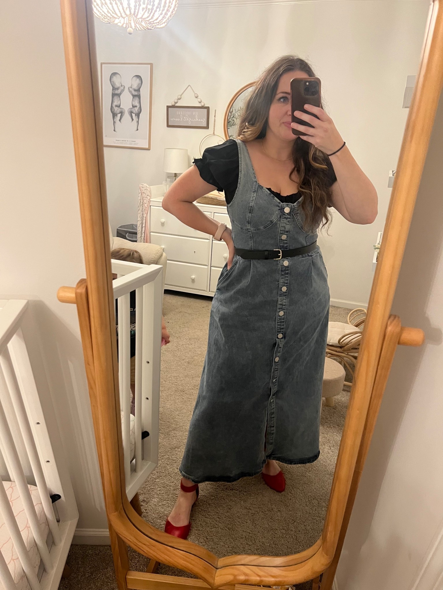 Adorable teacher outfit! Loving the Jean dress. With red accent shoes! #redshoes #jeandress #falloutfit #fallfashion #teacherdress #teacheroutfit #teacherfashion 

#LTKMidsize #LTKFallSale #LTKSeasonal