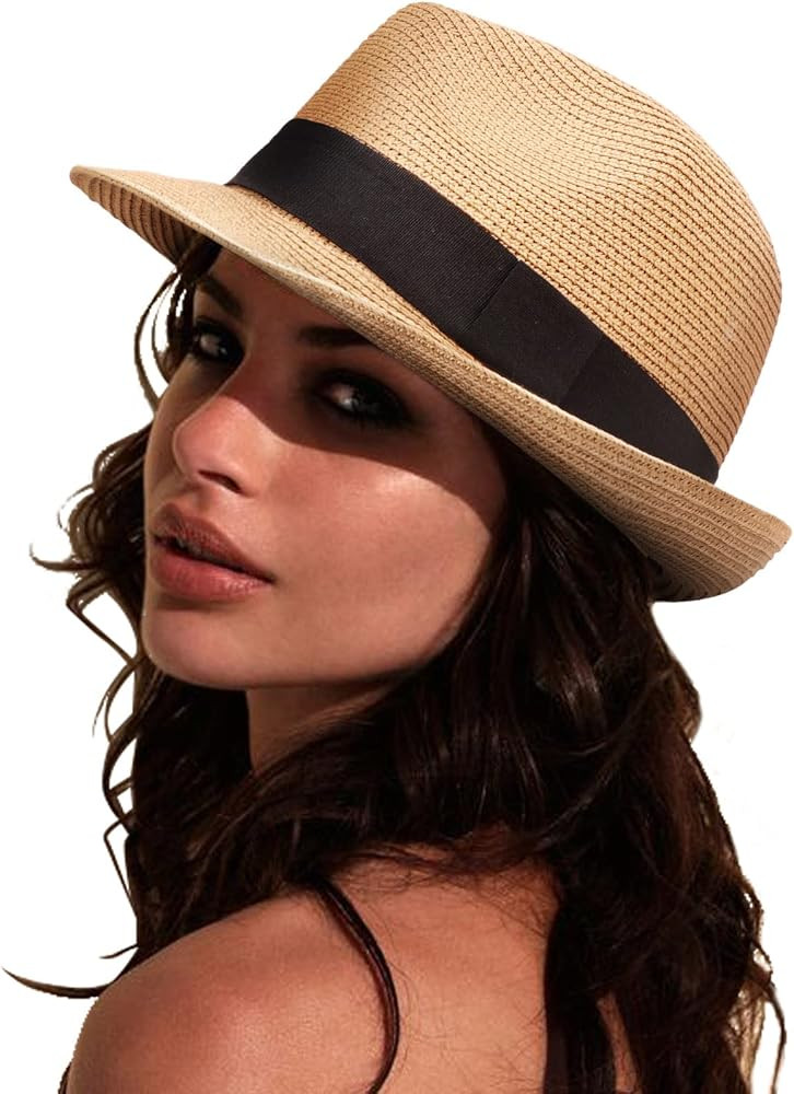 DRESHOW Women Straw Sun Hat Short Brim Panama Travel Fedora Summer Hat Roll Up Beach Cap for Wome... | Amazon (US)