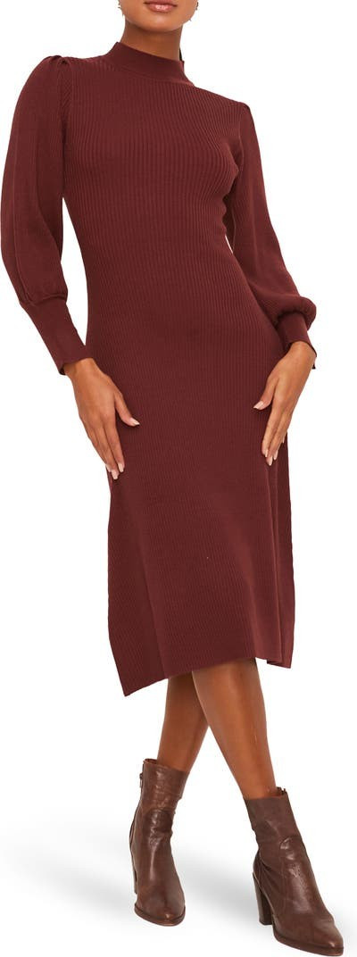 Mock Neck Ribbed Knit Midi Puff Sleeve Dress | Nordstrom Rack