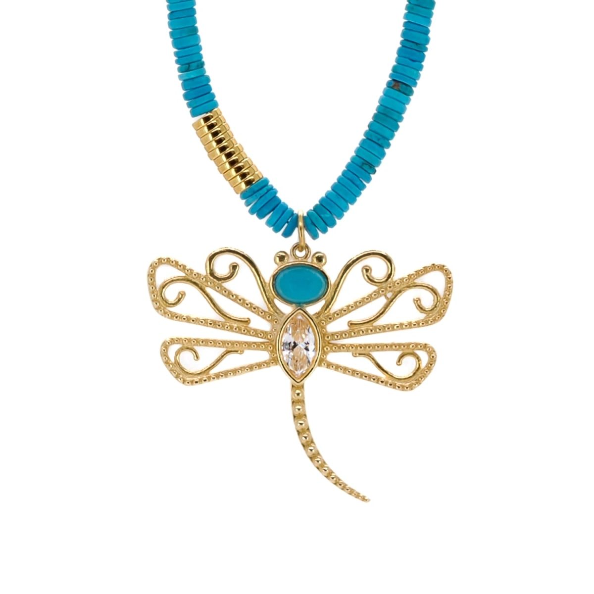 Turquoise Beaded Gold Spiritual  Dragonfly Pendant Necklace - Gold | Wolf & Badger (US)