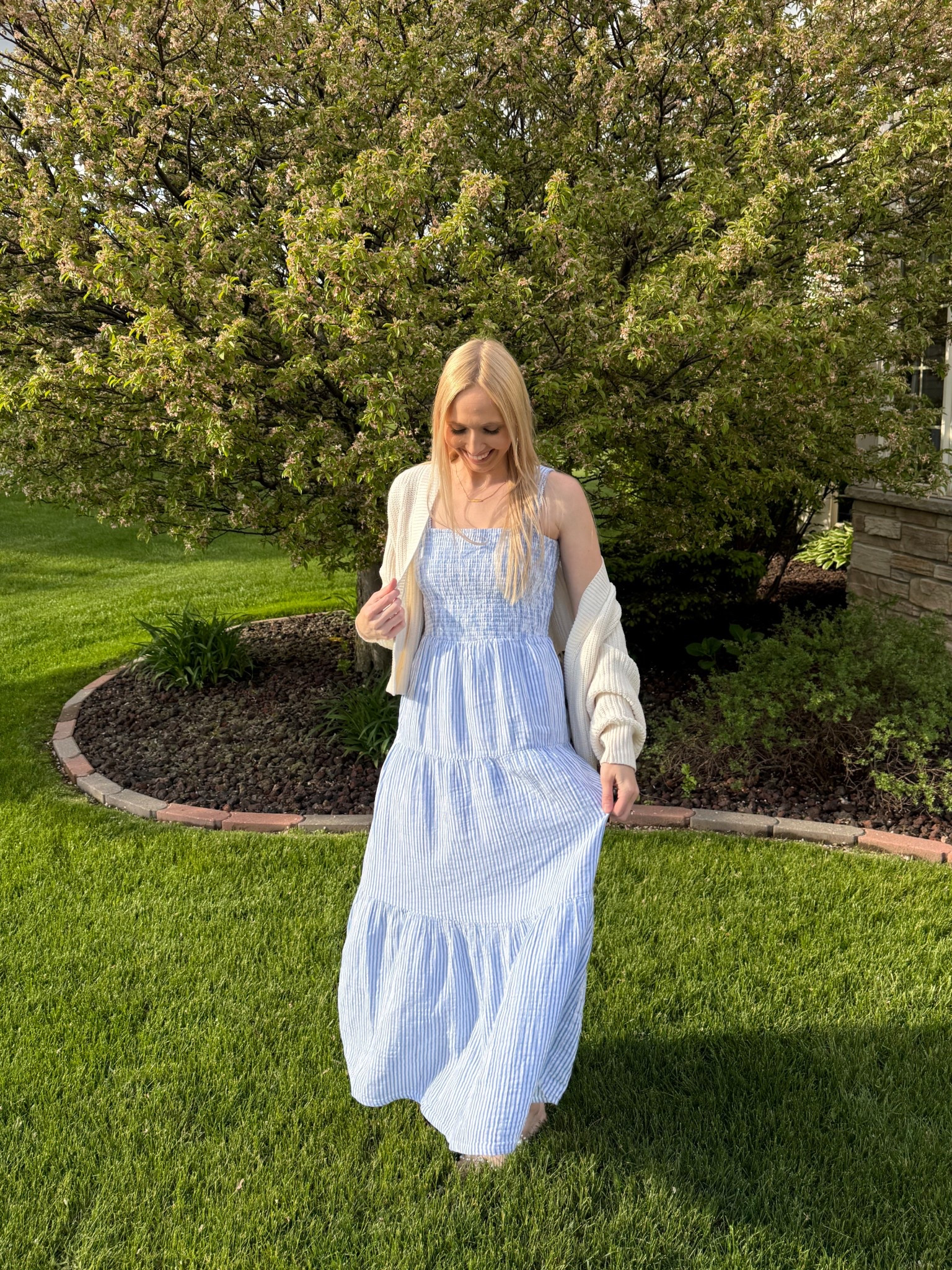 Blue and white stripe organic cotton smocked midi dress for Spring!

This tiered midi dress from Quince is the perfect casual Spring outfit idea for everyday, backyard parties or picnics! I’m wearing a size XS and it fits true to size. The quality is amazing, thick, double-lined, soft and made of organic cotton.

I’ve been wanting to try Quince for a while now and am so impressed by the quality! I will definitely be ordering more!

100% Cotton dresses, sustainable fashion, sustainable dresses, Spring outfit, quince dresses, quince review, Spring dresses

#LTKSeasonal #LTKgrwm #LTKootd