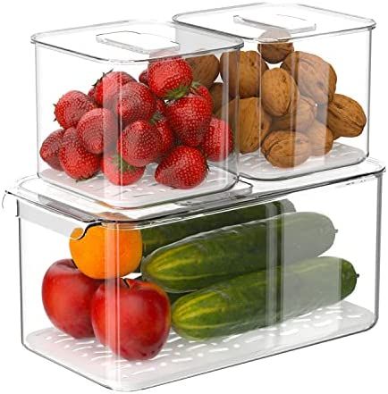 GEDLIRE Produce Saver Containers for Refrigerator 3 Pack, Stackable Plastic Fridge Food Fruit Vegeta | Amazon (US)