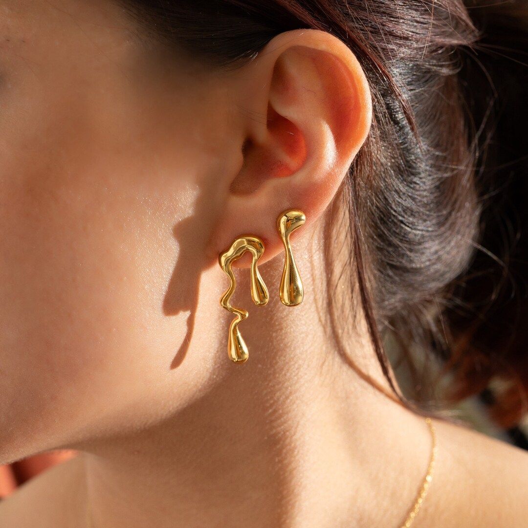 Melted Gold Earrings by Babeina Irregular Large Stud - Etsy | Etsy (US)