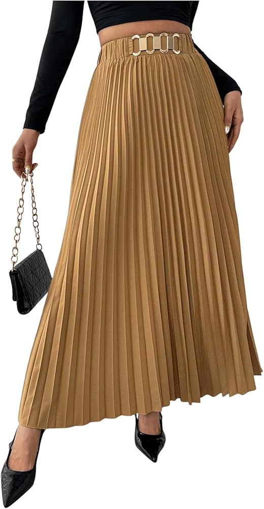 SweatyRocks Women's Pleated Maxi Skirt Chain High Waist Swing A Line Business Casual Flowy Skirt | Amazon (US)