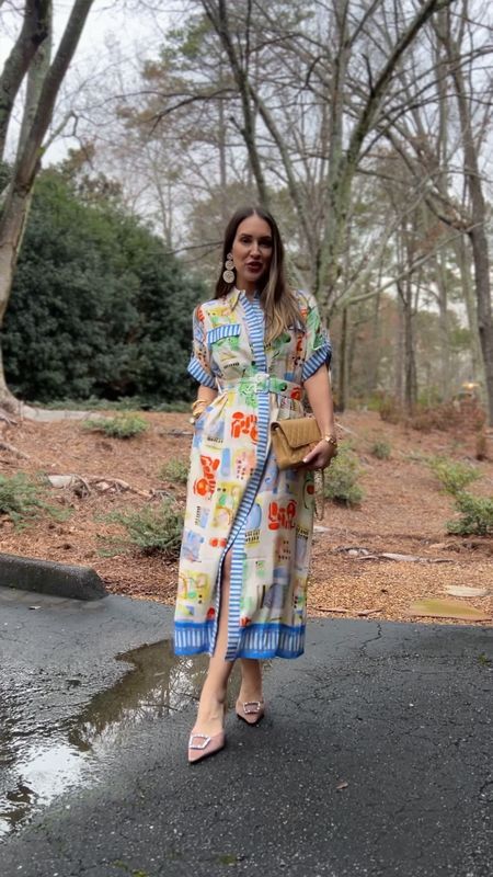 Hunter Bell belted shirt dress, embellished kitten heels, white beaded earrings 