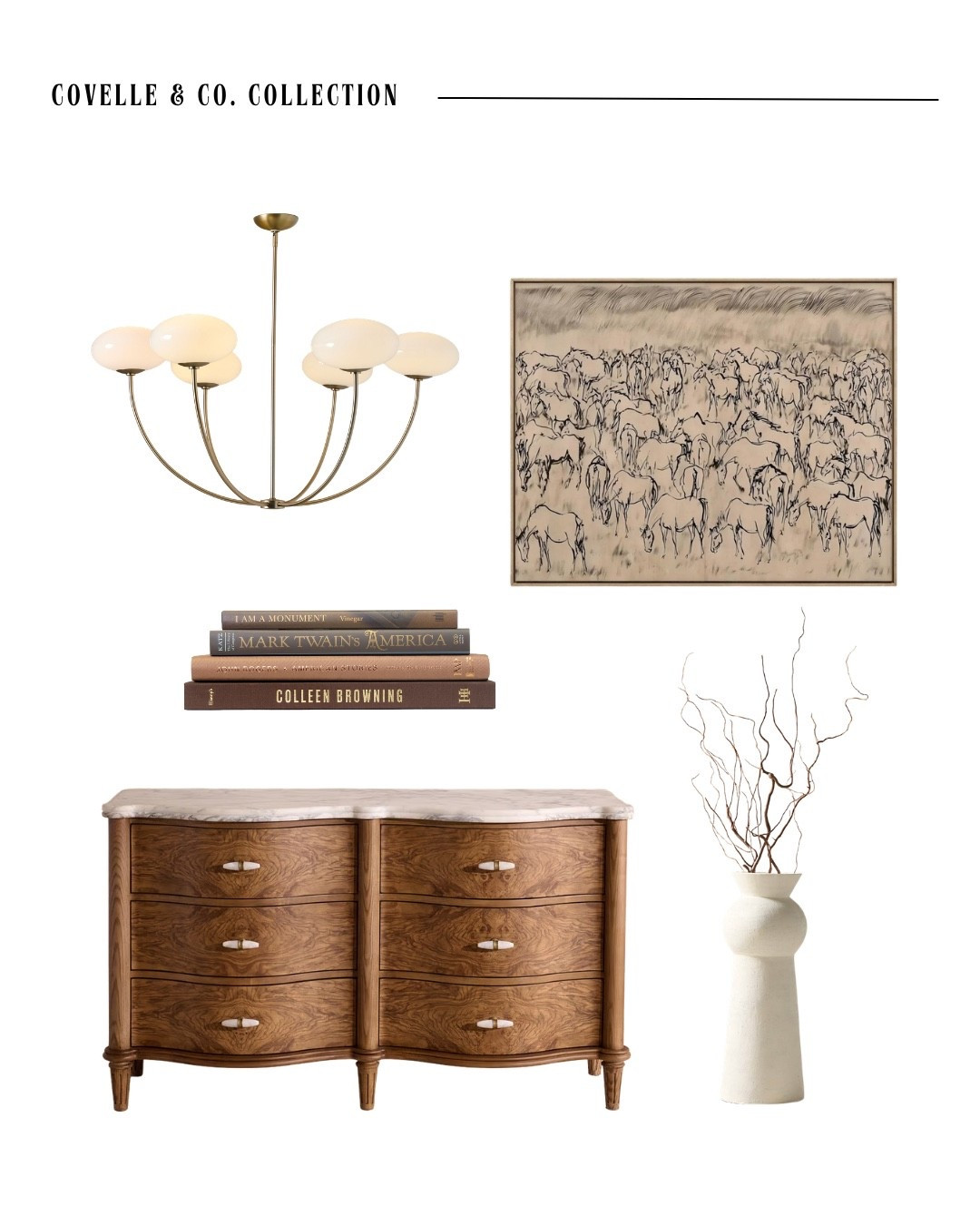 THE COVELLE & CO. COLLECTION: HEIRLOOM CHIC 🕯️

The kind of room that looks like it took generations to collect but still feels completely at home in the present.

This week’s Covelle & Co. Collection is all about Heirloom Chic: timeless silhouettes, storied details, rich woods, beautiful florals + pieces that feel like they could have been passed down, discovered on a trip, or found in the perfect little antique shop.

We’re pairing a statement West Elm chandelier with a beautiful piece of art, curated Pottery Barn stacked books, a Soho cabinet + sculptural CB2 florals to create a look that feels layered, sophisticated and effortlessly collected.

Because a beautiful home shouldn’t feel like you bought the whole room at once.

It should feel like you, a mix of old + new, polished + imperfect, meaningful + unexpected.

Save this collection for your next room refresh + tell us which piece you’d build the room around. 

Design. Build. Sell.
Covelle & Co.