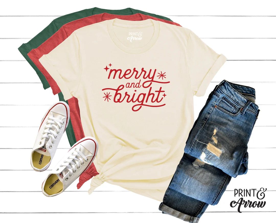 Merry And Bright Shirt, Christmas Shirts, Christmas Gift, Holiday T-Shirt, Christmas Shirts for W... | Etsy (US)