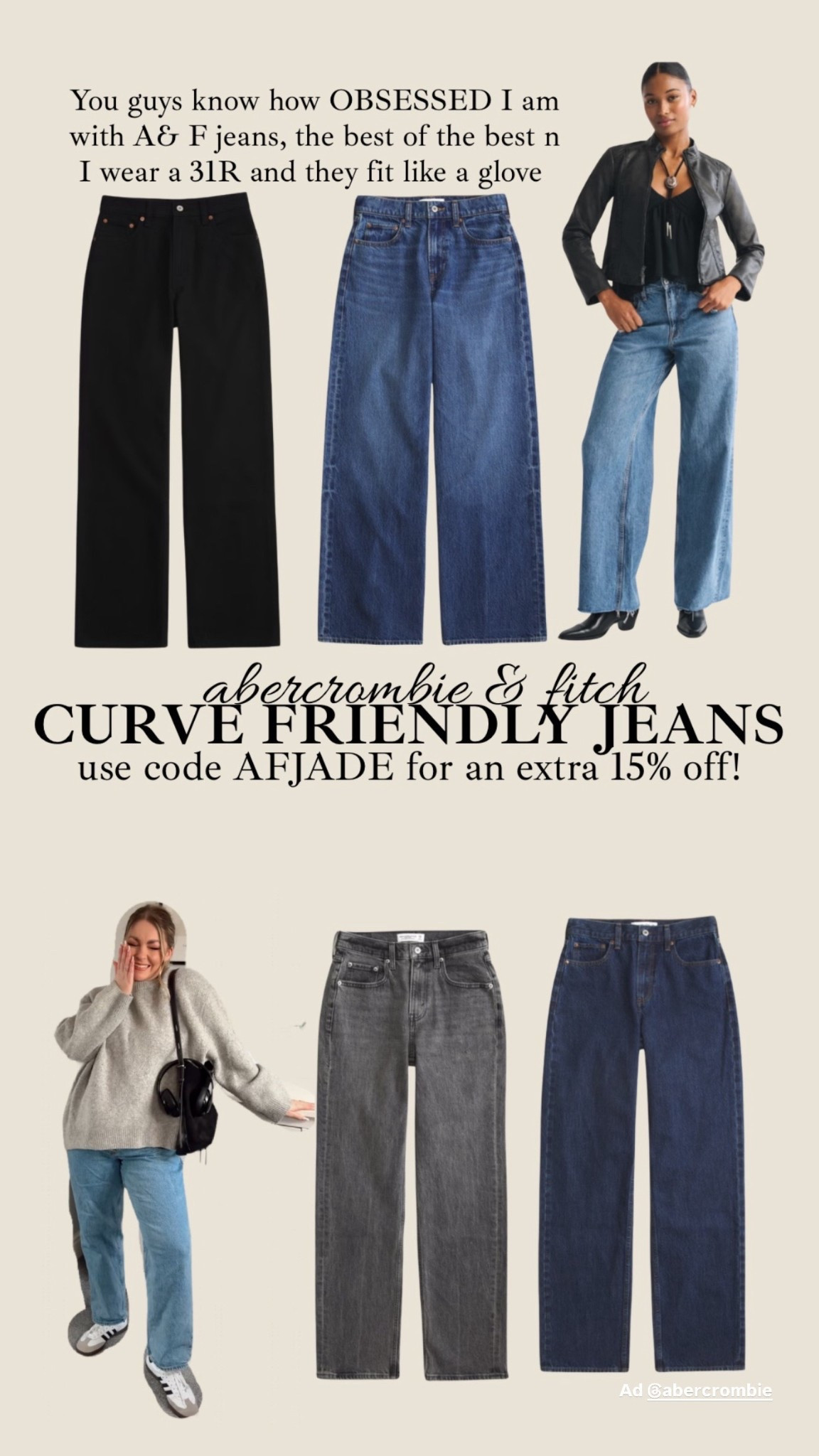 Girlies the Abercrombie sale is on and my FAVE jeans in the whole world are included! Use my code AFJADE to get an extra 15% off top of the 15-30% off jeans and 15% everything else - HUGE SAVINGS! Valid until 9th Feb, UK & Europe 🫶🏻👖 

#LTKMidsize #LTKootd #LTKgrwm