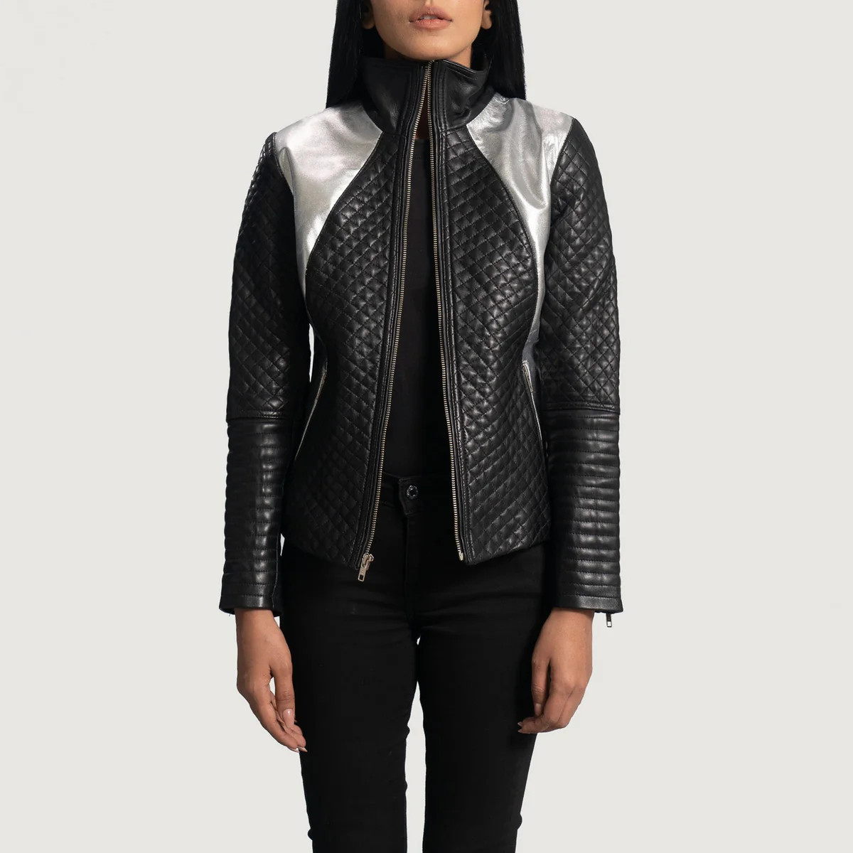 Women's Alia Metallic Black Leather Biker Jacket | The Jacket Maker