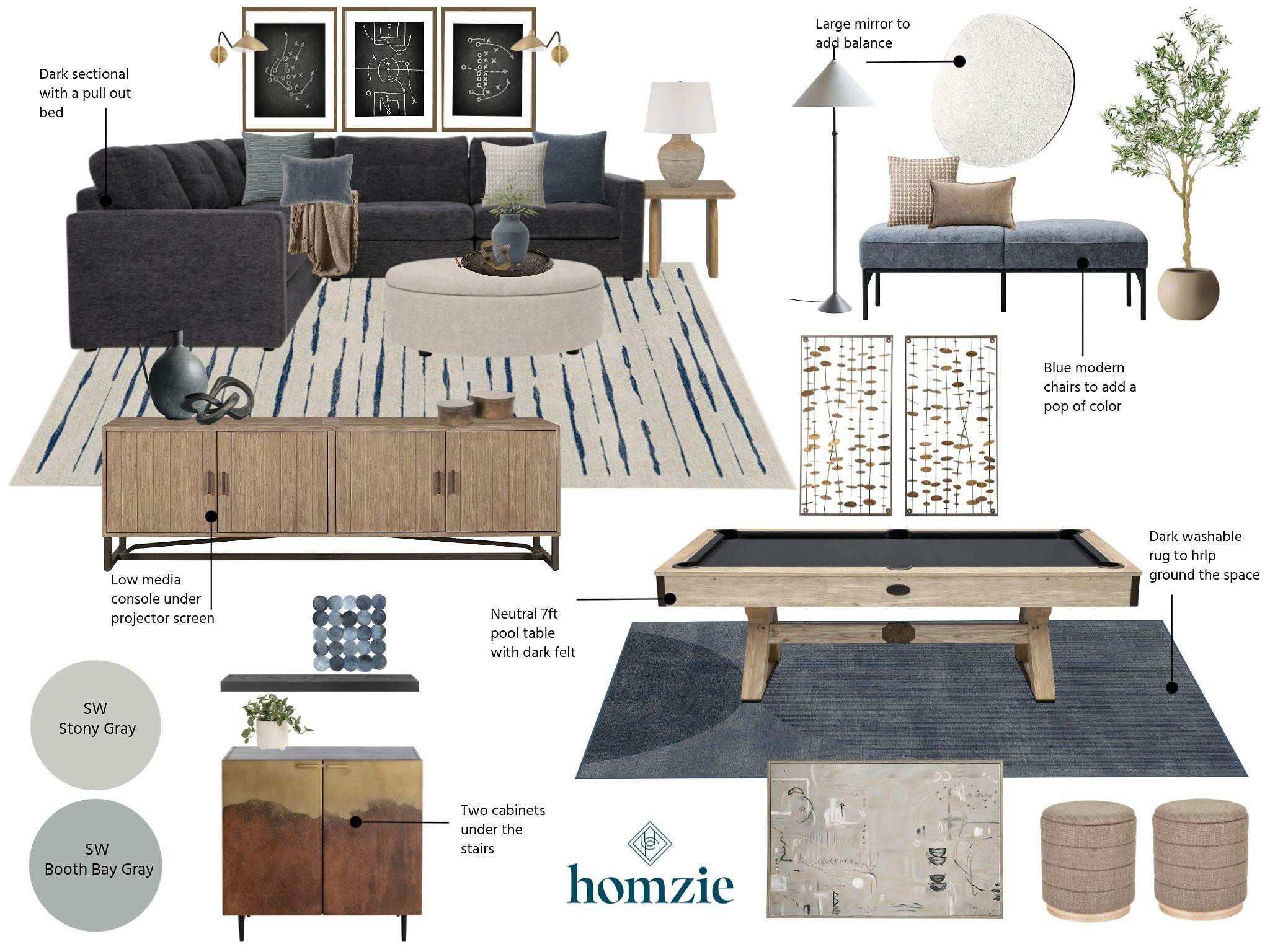 The ultimate modern basement 🎱🎬 Rich blues, warm wood tones, and layered greys create a stylish space for game nights, movie nights, and everything in between. 

 #ModernDesign #BasementInspo #LTKHome