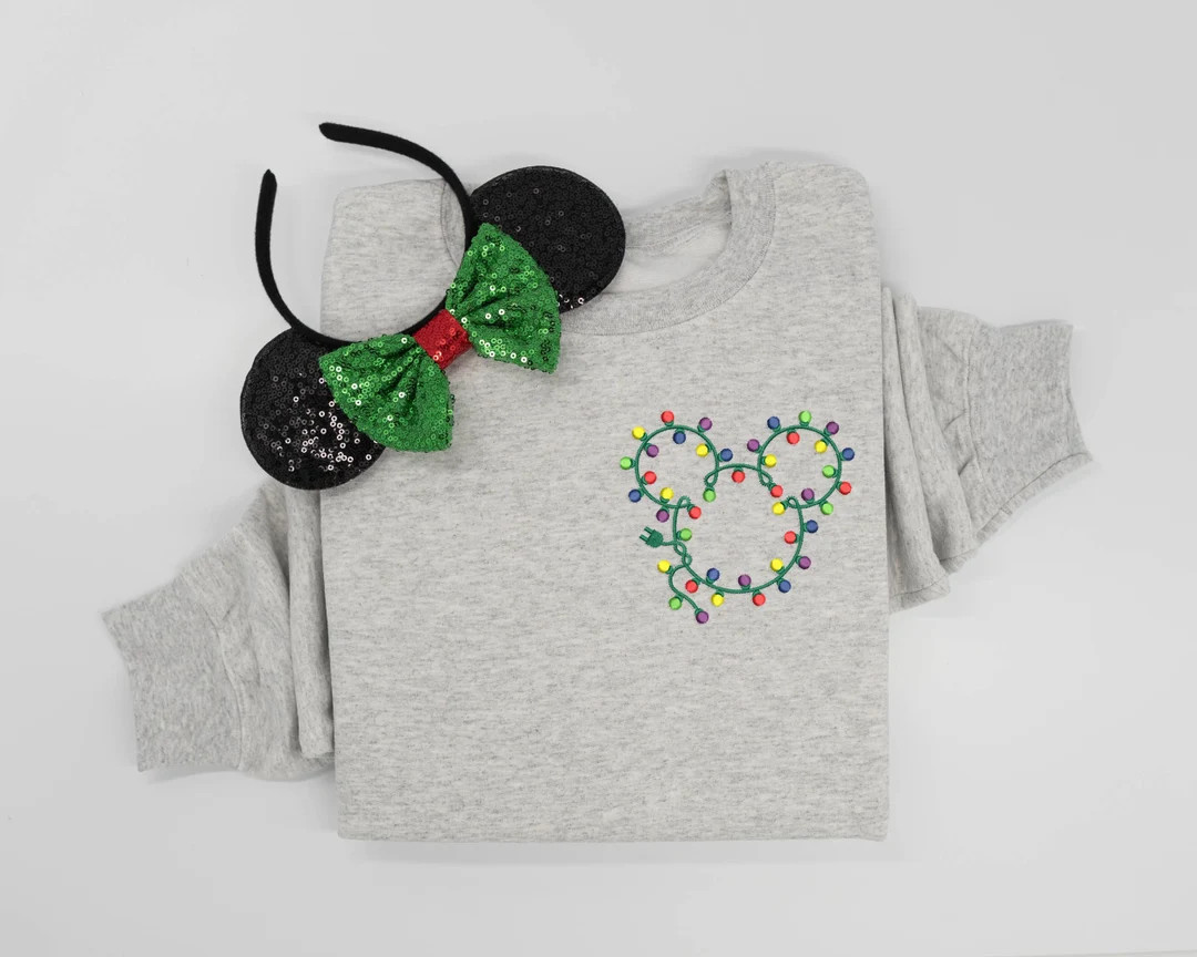 Mickey Lights Embroidered Crewneck, Mickey Embroidered Sweatshirt, Mickey Christmas Shirt, Disney... | Etsy (US)