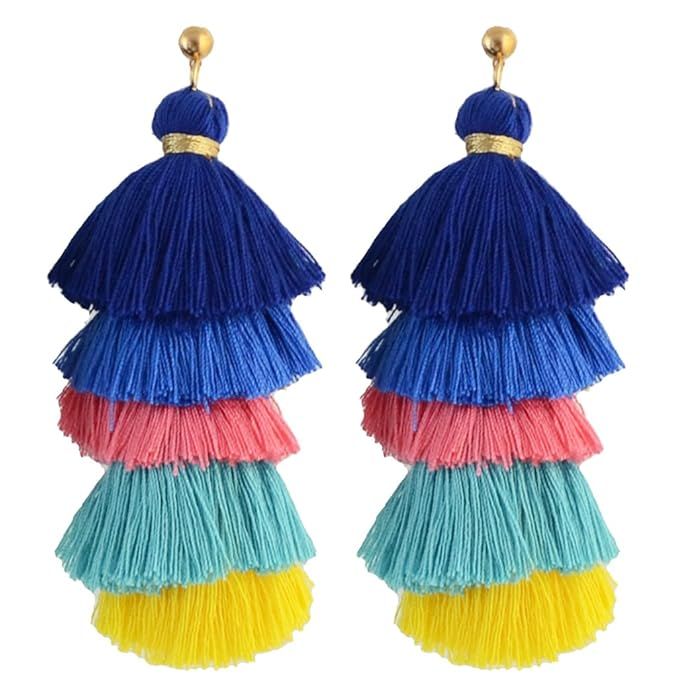 idealway Bohemian Colorful Pom Stud Thread Tassel Colorful Dangle Earrings | Amazon (US)