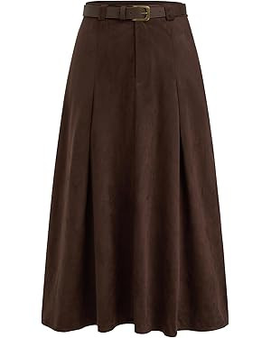 CIDER Womens Faux Suede Maxi Skirts Pleated High Waist A-Line Skirt with Belt Vintage Going Out O... | Amazon (US)