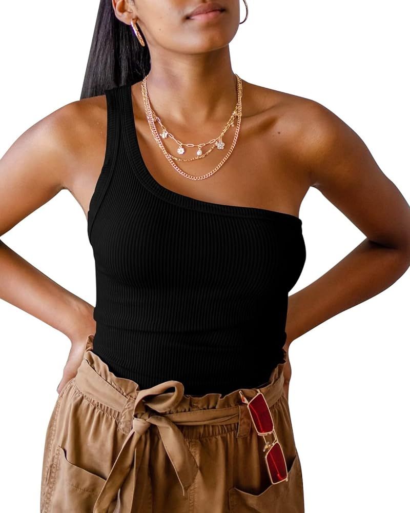 Womens One Shoulder Tops Summer Sleeveless Ribbed Tank Top Casual Slim Basic Tees | Amazon (US)